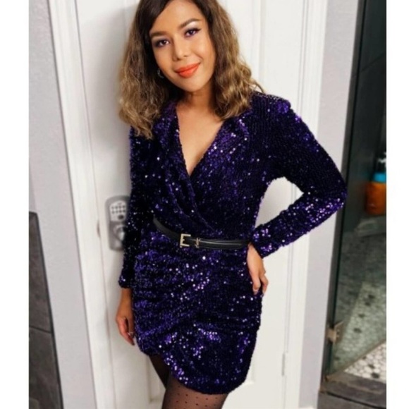 Zara Purple Sequins Brazer Faux Wrap Mini Dress Size Small NEW Bloggers Fave - Picture 5 of 6